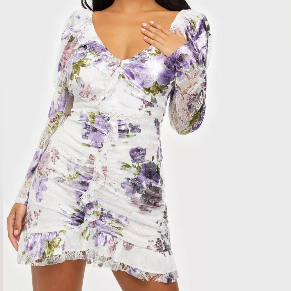 For Love & Lemons Purple Metallic Floral Lace Ruffle Cut Out Cocktail Mini Dress
